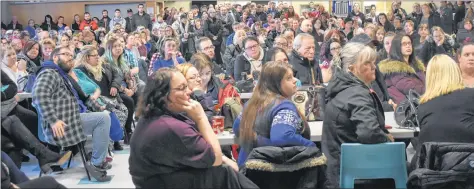  ?? DAVID JALA/CAPE BRETON POST ?? More than 400 former employees of ServiCom’s Sydney call centre gathered at the Ashby Legion on Monday afternoon and were told there is optimism a deal can be reached with a potential investor who is interested in buying and reopening the call centre that employed more than 600 people.