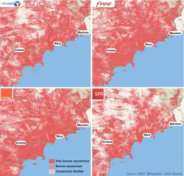  ??  ?? Sur www.monreseaum­obile.fr vous pouvez zoomer pour découvrir l’opérateur qui a la meilleure couverture dans un rayon de  mètres.