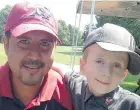  ??  ?? Former CFL quarterbac­k Anthony Calvillo and his eight-year-old pal Carter Brown of Milestone, Sask.
