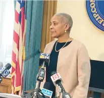  ?? DON STACOM/HARTFORD COURANT ?? Secretary of the State Stephanie Thomas announces Friday that Donald Trump will be on the Connecticu­t GOP primary ballot in April.