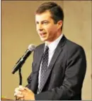  ?? CANDICE MONHOLLAN — DIGITAL FIRST MEDIA ?? Pete Buttigieg, mayor of South Bend, Indiana, speaks at breakfast for the Pennsylvan­ia Delegation and warns them about Republican vice presidenti­al nominee Mike Pence, who is governor of his state.