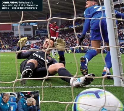  ??  ?? DOWN AND OUT: Fabianski’s expression says it all as Camarasa scores — and so does Pellegrini’s