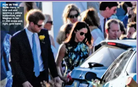  ??  ?? FUN IN THE
SUN: Harry, in blue suit and sporting a yellow buttonhole, and Meghan in her £1,200 dress and, right, gold band