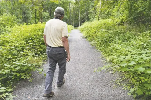  ?? Hearst Connecticu­t Media file photo ?? Norwalk River Valley Trail Executive Director Charlie Taney walks along the Norwalk River Valley Trail through a slightly overgrown section of the Wilton Loop portion in 2017. Efforts to create a 30-mile trail from Norwalk to Danbury received a push last week as the Redding Board of Selectmen accepted a contract from the state that will put $300,000 toward the Redding part of the project. Below, volunteers clear debris and invasive plants on the Norwalk River Valley Trail, in Ridgefield.