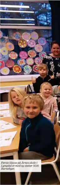  ??  ?? Første klasse på Årnes skole i Lyngdal er med og støtter SOS Barnebyer.