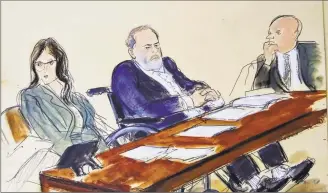  ?? Elizabeth Williams / Associated Press ?? In this courtroom sketch, Harvey Weinstein, center, flanked by his defense attorneys, listens during his sentencing in a Manhattan courtroom on Wednesday.