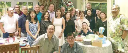  ??  ?? The best gift is having family and friends around. (First row) Johnny Filart and Ed Ramirez; (second row, from left) LilyAnn Favis, Mayte Lopez, the author, Marie Canivel, Emy and Dindo Barrios and Noel Canivel; (third row, from left) Ike Lopez, Boy...