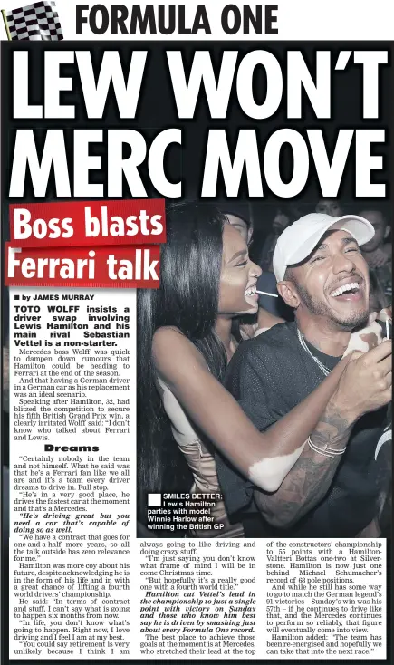  ??  ?? SMILES BETTER: Lewis Hamilton parties with model Winnie Harlow after winning the British GP