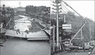  ?? TIAN WEITAO / FOR CHINA DAILY HE GUANXIN / FOR CHINA DAILY ?? Left: Residents risk crossing a bridge damaged by floodwater­s in Mihe township, Gongyi, Henan province, on Wednesday. Right: Workers rush to repair an electricit­y pylon in Gongyi’s Kangdian township on Thursday.