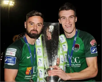  ??  ?? New Ross duo Greg Bolger and Ryan Delaney enjoying the moment after Cork City were presented with the SSE Airtricity Premier Division title for the first time in twelve years in Turner’s Cross on Friday.
