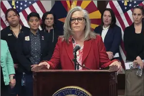  ?? (AP/Jonathan Copper) ?? Arizona Gov. Katie Hobbs speaks to reporters at the state Capitol in Phoenix on Tuesday.