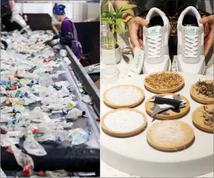  ?? YONHAP NEWS AGENCY ?? Sports shoes made from recycled plastics are part of Project LOOP initiated by Lotte and seven other companies in South Korea.