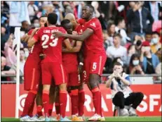  ?? Photo: AFP ?? Liverpool players celebrate their third goal in the FA Cup semi-final win against Manchester City at Wembley last Saturday (Apr 16).