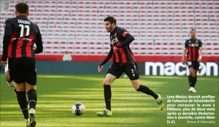  ?? (Photo JF Ottonello) ?? Lees-melou devrait profiter de l’absence de Schneiderl­in pour retrouver le onze à l’allianz, plus de deux mois après sa dernière titularisa­tion à domicile, contre Metz (-).