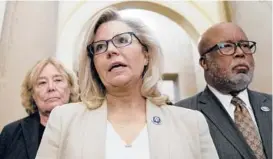  ?? STEFANI REYNOLDS/THE NEW YORK TIMES ?? Rep. Liz Cheney, R-Wyo., speaks with reporters Thursday at the Capitol after being named to the panel looking into the Jan. 6 Capitol riot.