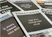  ?? — AFP ?? All Maltese newspapers’ front pages read, in English and Maltese langage, ‘The Pen Conquers Fear’ at a newstand in Valletta, Malta, on Sunday.
