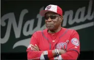  ?? ALEX BRANDON - THE ASSOCIATED PRESS ?? In this July 4, 2016, file photo, Washington Nationals manager Dusty Baker (12) stands in the dugout before a game against the Milwaukee Brewers at Nationals Park in Washington.