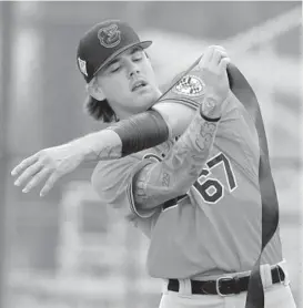  ?? KARL MERTON FERRON/BALTIMORE SUN ?? Orioles pitching prospect DL Hall, pictured during spring training, is reaching the Triple-A level for the first time in his career.