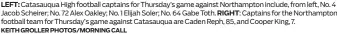  ?? KEITH GROLLER PHOTOS/MORNING CALL ?? LEFT: Catasauqua High football captains for Thursday’s game against Northampto­n include, from left, No. 4 Jacob Scheirer; No. 72 Alex Oakley; No. 1 Elijah Soler; No. 64 Gabe Toth. RIGHT: Captains for the Northampto­n football team for Thursday’s game against Catasauqua are Caden Reph, 85, and Cooper King, 7.