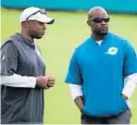  ?? CARLINE JEAN/SOUTH FLORIDA SUN SENTINEL ?? Dolphins’ general manager Chris Grier and coach Brian Flores during practice at Doctors Hospital Training Facility in Davie on June 11.