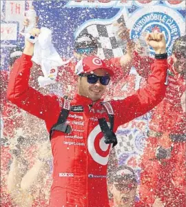  ?? Sarah Crabill Getty Images ?? KYLE LARSON celebrates at Auto Club Speedway after earning his second Cup win. “I was very confident going into today’s race,” Larson said.