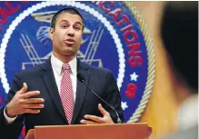  ??  ?? U.S. Federal Communicat­ions Commission chairman Ajit Pai announces the decision to repeal Obama-era rules that prevented internet service providers from restrictin­g online data.