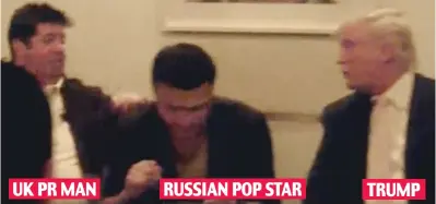  ??  ?? Meeting: A scene from the video with, from left, Goldstone, Emin Agalarov, and Trump UK PR MAN RUSSIAN POP STAR TRUMP