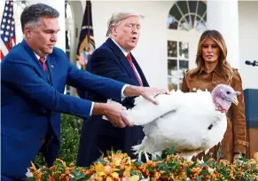  ?? — aFP ?? Free bird: Trump pardoning one of the 72nd National Thanksgivi­ng Turkeys at the White house’s rose Garden. Looking on is Wellie Jackson, who raised the turkey and first lady melania Trump.