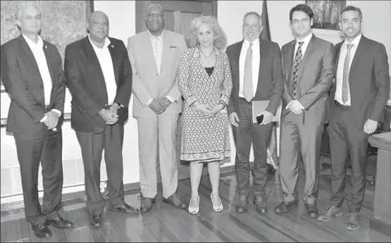  ??  ?? From left to right: Dr, Jan Mangal, Minister of Natural Resources, Raphael Trotman, Minister of State, Joseph Harmon, and the IDB team led by Representa­tive in Guyana, Sophie Makonnen, Ramon Espinasa, Lenin Balza and Carlos Sucre. (Ministry of the...