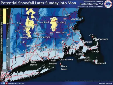  ?? NATIONAL WEATHER SERVICE MAP ?? Up to 8 inches of snow will be possible across central Massachuse­tts, with lowering amounts to the coastline.