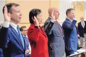  ?? J. SCOTT APPLEWHITE/ASSOCIATED PRESS ?? From left to right, Scott Paul, Tong Yi, H.R. McMaster, and Matthew Pottinger, are sworn in as a special House committee on China in Washington Tuesday.