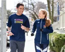  ?? STAFF PHOTO BY FAITH NINIVAGGI ?? TEAMWORK: Trauma researcher Juan Pablo HerreraEsc­obar (left) and Audrey Reny are running the Boston Marathon for the Gillian Reny Stepping Strong Center for Trauma Innovation team at Brigham and Women’s Hospital.