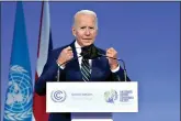  ?? (AP Photo/Evan Vucci, Pool) ?? President Joe Biden steps to the podium to speak at the COP26 U.N. Climate Summit on Monday in Glasgow, Scotland.