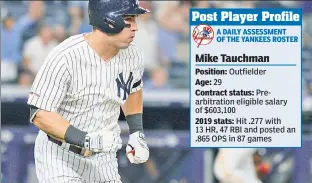  ?? Robert Sabo ?? SURPRISE! After two nondescrip­t seasons in Colorado, Mike Tauchman burst onto the scene for the Yankees in 2019 with 13 homers and an .865 OPS.