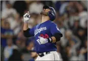  ?? RYAN SUN — THE ASSOCIATED PRESS ?? The Dodgers' J.D. Martinez celebrates after hitting a three-run homer against the Tigers' Eduardo Rodriguez.