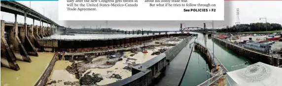  ?? STAFF PHOTO ILLUSTRATI­ON BY DOUG STRICKLAND ?? The composite panoramic image above shows the Chickamaug­a Dam Lock constructi­on. At the top of the page are stacks of shipping containers waiting for export.