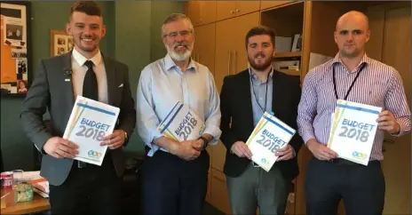  ??  ?? Aaron Geagan, DKIT S.U Vice President, Gerry Adams TD, Pauraic Renaghan, DKIT S.U President, Michael Kerrigan, USI President