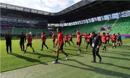  ??  ?? Lyon are put through their paces during a training session in Ferencváro­si Stadium in Budapest where they will play Barcelona in the Women’s Champions League final. Photograph: Tibor Illyes/EPA