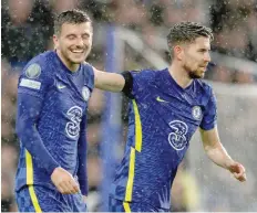  ?? — AFP ?? Chelsea’s Italian midfielder Jorginho (R) celebrates scoring his team’s fourth goal from the penalty spot with Chelsea’s English midfielder Mason Mount during the Champions League Group H match against Malmo FF at Stamford Bridge in London.