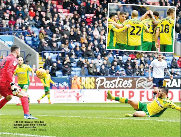  ?? PICTURES: PA Images ?? FLAT OUT: Norwich City’s Emi Buendia scores their third goal and, inset, celebrates