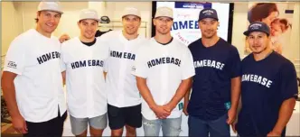  ?? STEVE MacNAULL/The Daily Courier ?? Two teams of NHLers will play in a game Friday to kick off the Gorges-Comeau Homebase Charity Slo-Pitch Tournament at King’s Stadium. Six of the pros playing are, from left, Luke Schenn of the Arizona Coyotes,Tyson Jost of the Colorado Avalanche, Brayden Schenn of the St. Louis Blues, Blake Comeau of the Colorado Avalanche, Josh Gorges of the Buffalo Sabres and Jordin Tootoo, most recently of the Chicago Blackhawks.