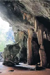  ??  ?? These stalactite­s and stalagmite­s are prevalent on the floor of the cave. The water in the limestone is rich in sediment and drops in the same spot over and over again. The water evaporates leaving just the limestone sediment, which will increase at...