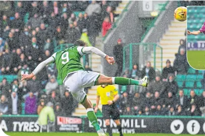  ??  ?? Christian Doidge rises to head home Hibs first-half equaliser