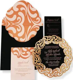  ??  ?? “The Whirlwind” invitation suite featuring rose-gold foil stamping and laser-cut elements by Oda Creative; odacreativ­e.com