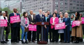  ?? MATT ROURKE — THE ASSOCIATED PRESS ?? Pennsylvan­ia Gov. Tom Wolf, at podium, accompanie­d by elected officials and advocates for abortion rights speaks during a news conference on Independen­ce Mall in Philadelph­ia on Wednesday.