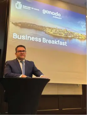  ?? ?? Dr Andre Zerafa, Managing Partner at Ganado addressing one of the business breakfasts in Germany