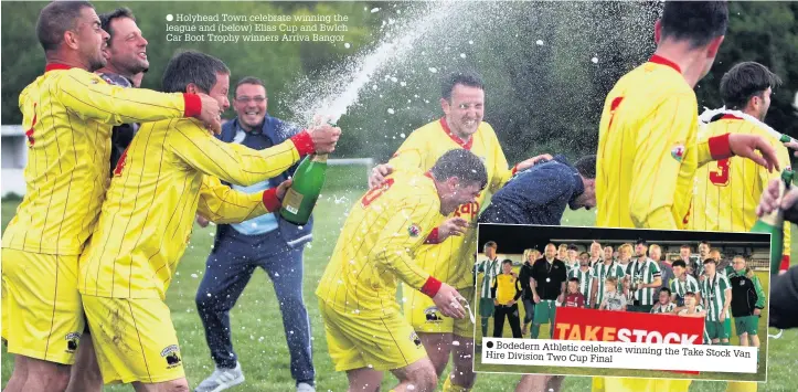  ??  ?? Holyhead Town celebrate winning the league and (below) Elias Cup and Bwlch Car Boot Trophy winners Arriva Bangor Bodedern Athletic celebrate winning the Take Stock Van Hire Division Two Cup Final