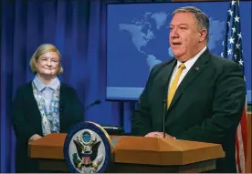  ?? MARK WILSON / GETTY IMAGES ?? U.S. Secretary of State Mike Pompeo is joined by commission chair Harvard Professor Mary Ann Glendon while announcing the formation of a commission to redefine human rights, based on natural law and natural rights, during a news conference at the Department of State, on Monday in Washington, D.C.