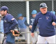  ?? KYLE FRANKO — TRENTONIAN PHOTO ?? Notre Dame coach Joe Drulis, right, argues a call with home plate umpire Dean Richardson, left, during a CVC baseball game against Hamilton earlier this season. Drulis’ top-seeded Irish host Robbinsvil­le in the MCT quarterfin­als on Wednesday.