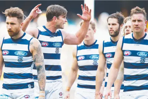  ??  ?? NOT GOOD ENOUGH: Tom Hawkins gestures angrily to teammates at halftime on Saturday. Picture: GETTY IMAGES